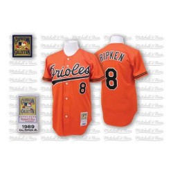 Men's Mitchell and Ness 1989 Baltimore Orioles 8 Cal Ripken Authentic Orange Throwback MLB Jersey